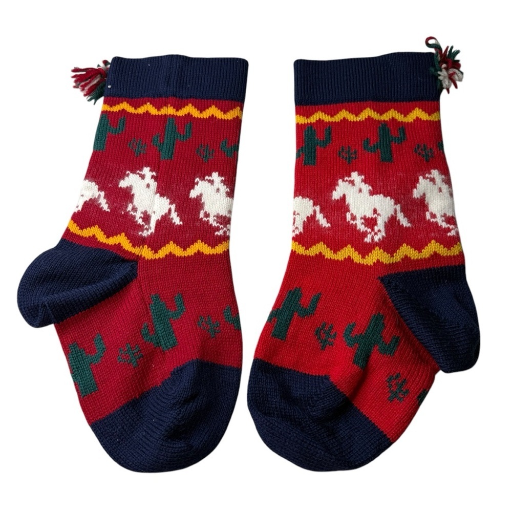 Dabec‎ Inc Handmade Western Knit Mittens Horses Cacti Tassels Red Navy Vintage